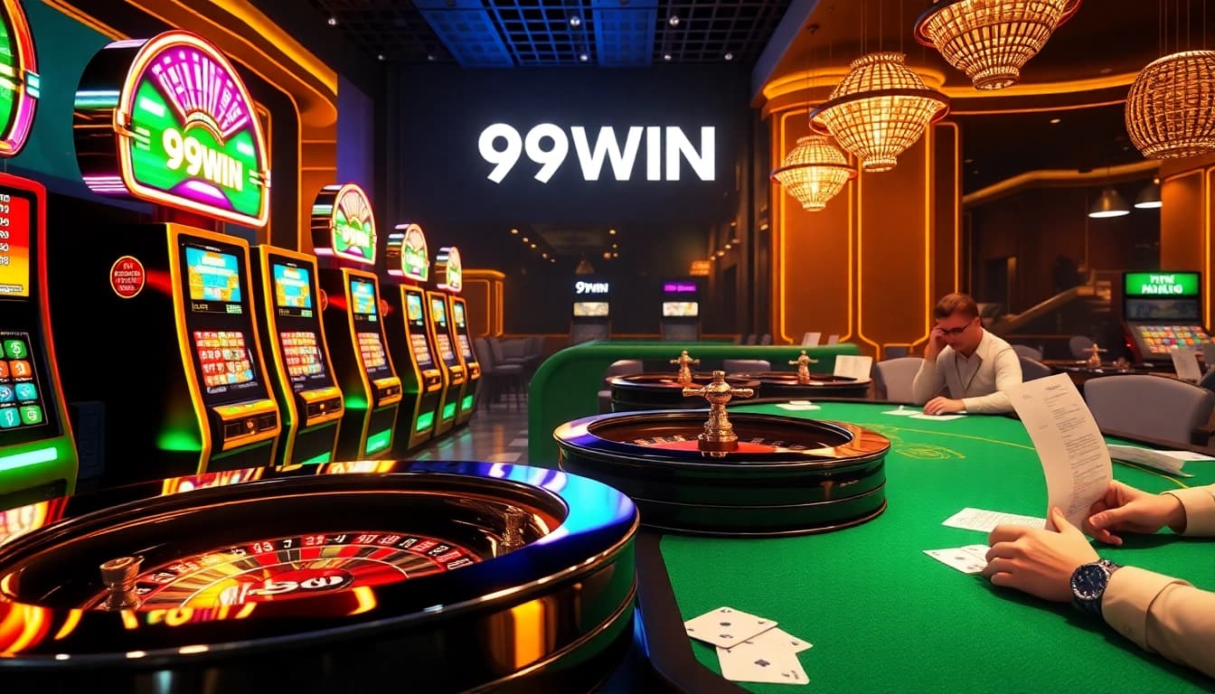 Engage with thrilling games at 99WIN casino, showcasing vibrant slot machines and strategic poker gameplay.