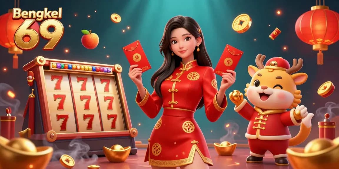 Bengkel 69 showcases an exciting scene of 3D slot reels and dynamic characters around vibrant casino elements.