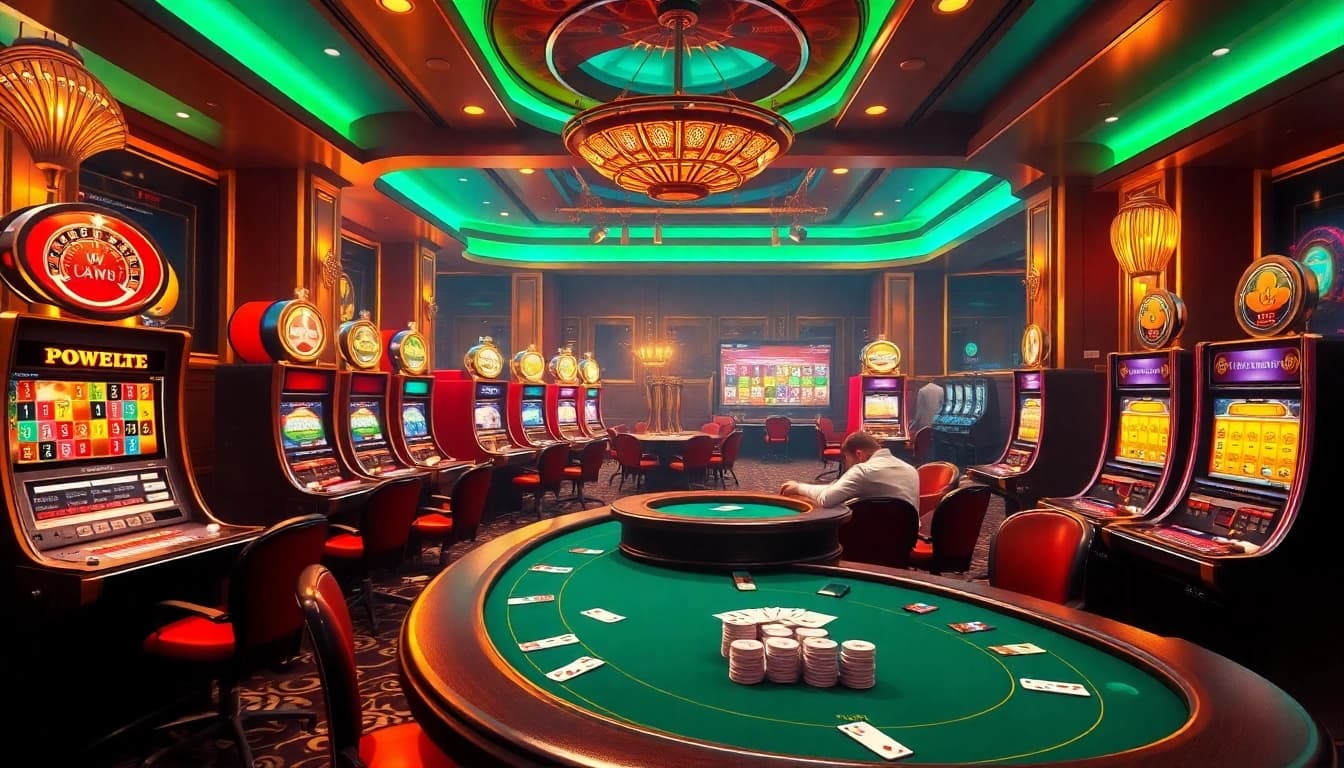 Players enjoying high-stakes poker and vibrant slot machines at https://f1686s.com/, creating an exciting casino atmosphere.
