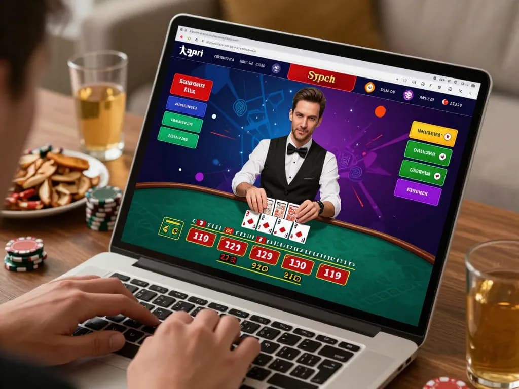 Player engaging with rr88 live dealer blackjack, showcasing online gaming excitement at home.