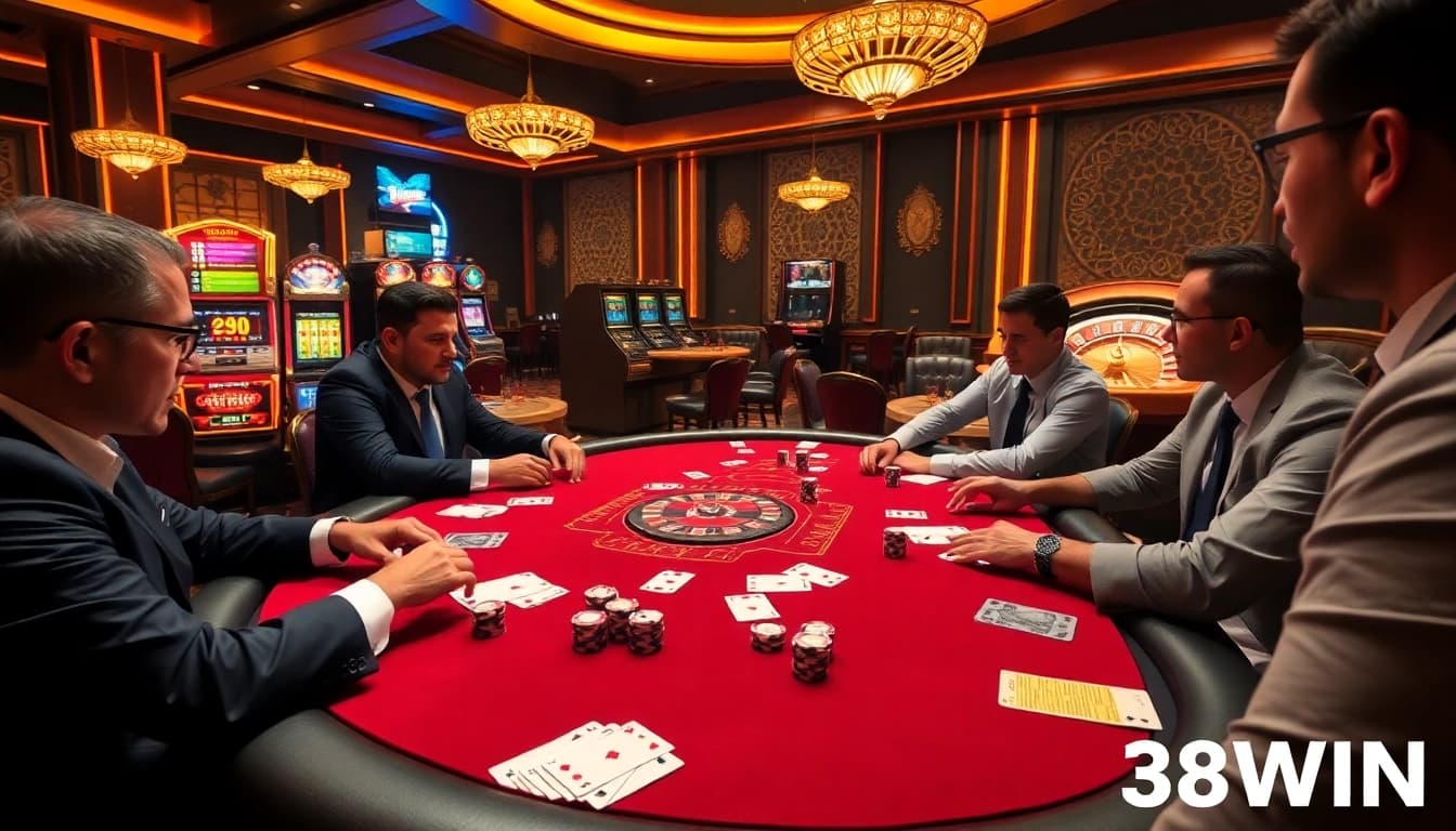 Exciting poker action at 78WIN casino with colorful chips and cards on a luxurious table.
