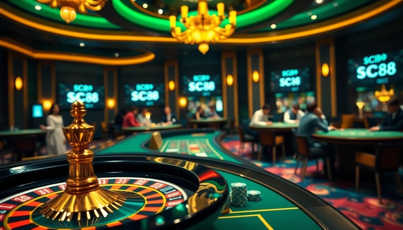 Experience the thrilling action at SC88 with vibrant casino elements like roulette and poker chips.