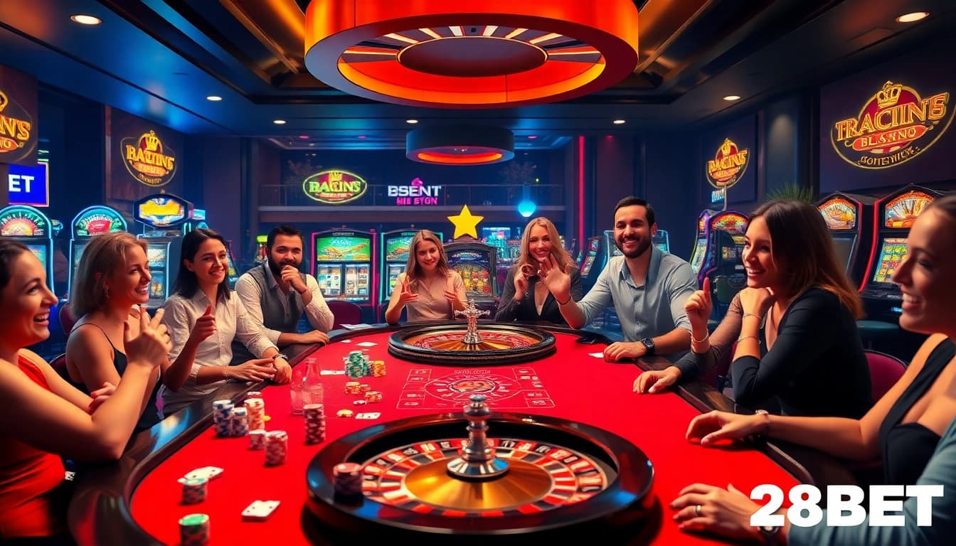 Players enjoying a thrilling casino experience at 28BET with poker chips and a roulette wheel.
