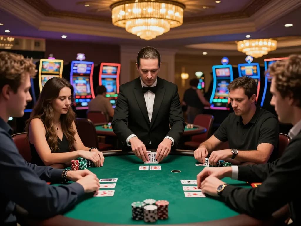 Tr88 đăng nhập while players engage in lively poker game at upscale casino table.