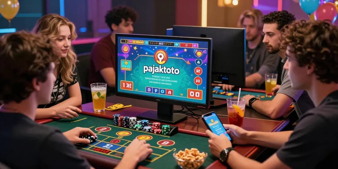 Group enjoying pajaktoto online gaming experience, vibrant atmosphere, dynamic digital interaction.