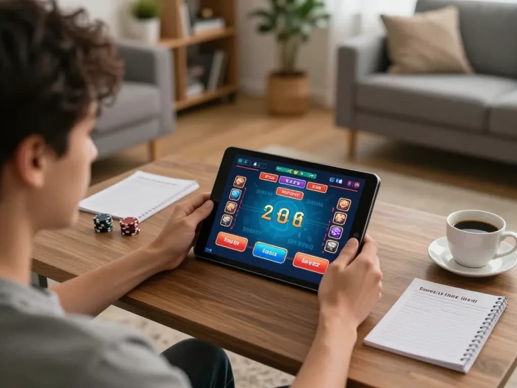 Player strategizing on BK33's live dealer game interface in a cozy home setting
