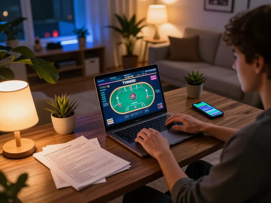 TWIN68 player strategizing online poker at home with relaxed ambiance and cozy setup.