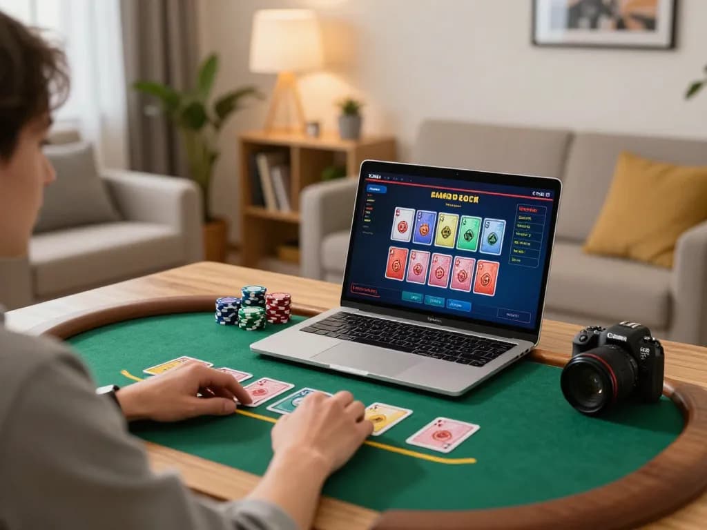Pemain menikmati permainan blackjack strategis di platform permainan online Planet77 dari rumah yang nyaman.
