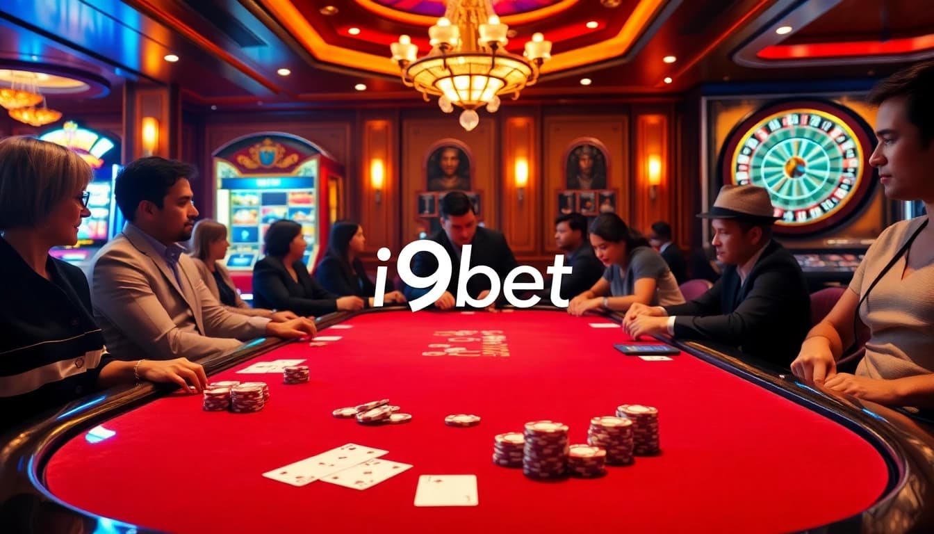 I9BET logo shines prominently on a luxurious casino poker table with colorful chips and vibrant atmosphere.