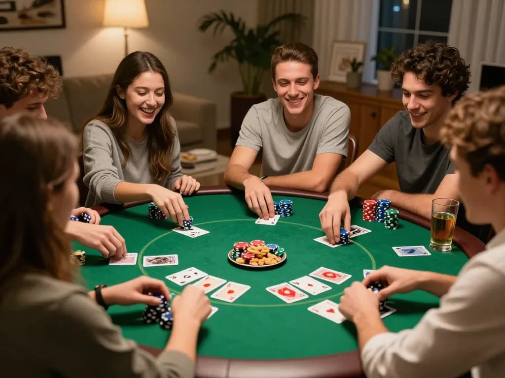 Friends enjoying a lively poker night at home with YO88 strategies and vibrant gameplay.