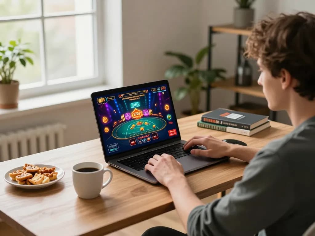 Engaging with NOHU90 online casino games in a stylish home setup, showcasing vibrant gameplay.