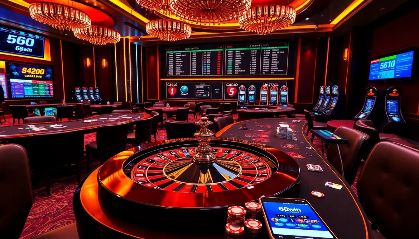 Experience the thrill of winning with 68win at a luxurious casino featuring vibrant games and betting action.