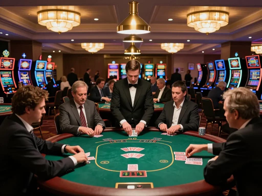 Engaged players at 888NEW's poker tables strategizing their next moves in a luxurious casino.