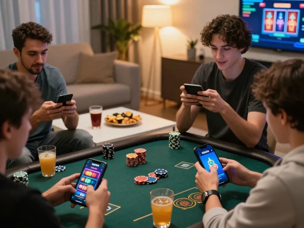 Players enjoying the GEMWIN app for online gaming with excitement and strategy in a cozy home setting