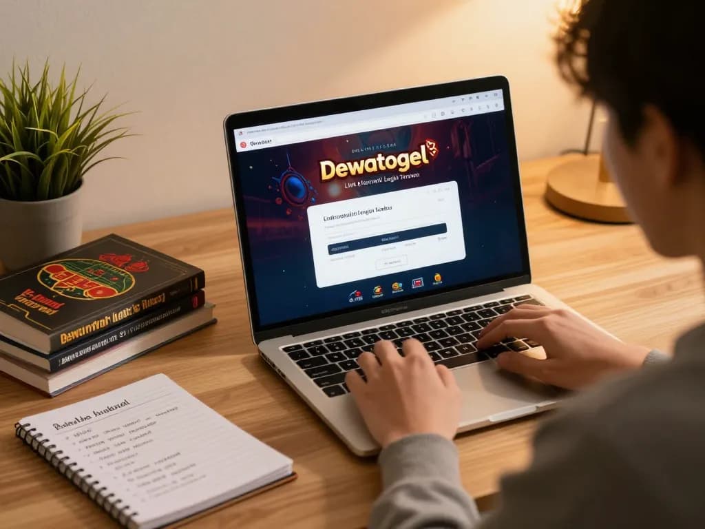 Dewatogel Link Alternatif Login Terbaru displayed on a laptop in a cozy home gaming setup.
