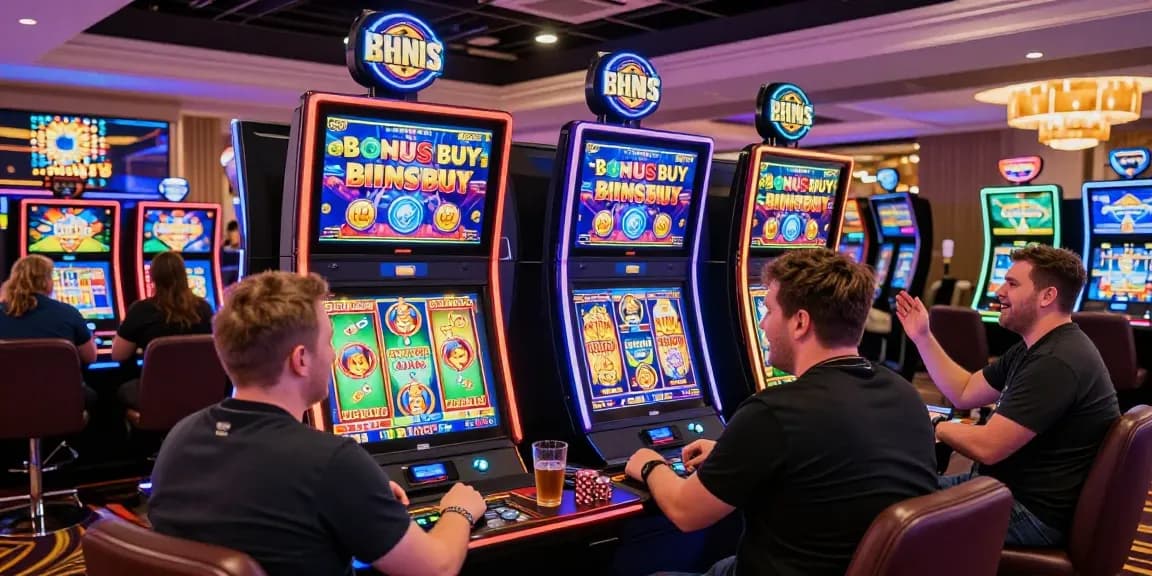 Players at celebratepanto.co.uk engaging with Bonus Buy slots in a vibrant casino.