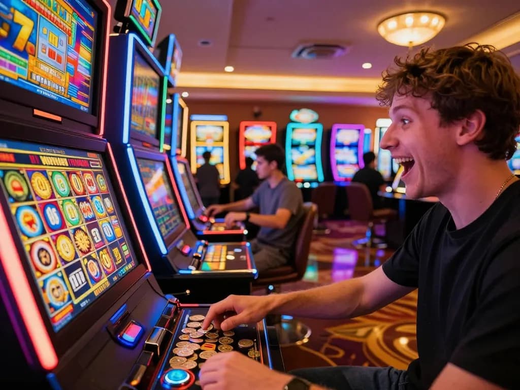 Player intensely engaging with slot online machines, celebrating as coins overflow after a big win