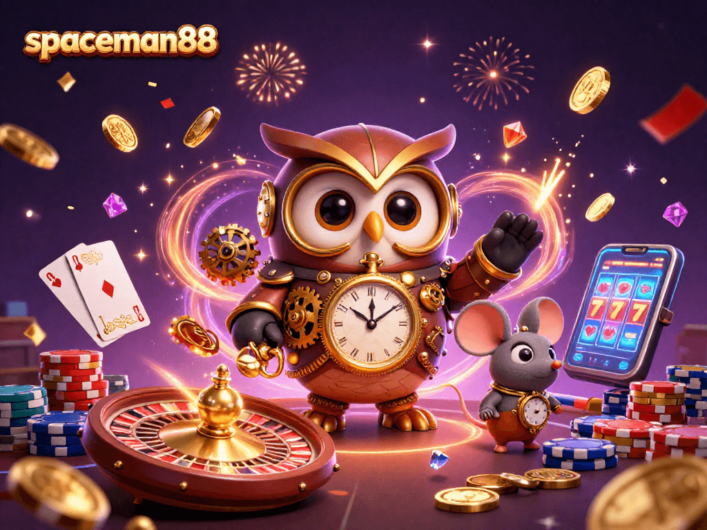 Engage in thrilling gameplay with spaceman88, featuring a steampunk owl navigating a vibrant casino scene.