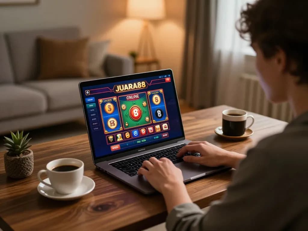 Engaging with the JUARA88 online slot interface during a cozy home gaming session.
