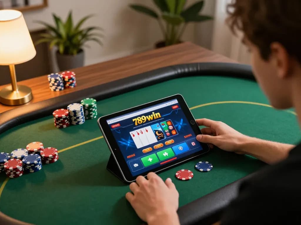 Engaging with 789win on a tablet during online poker, showcasing home gaming atmosphere