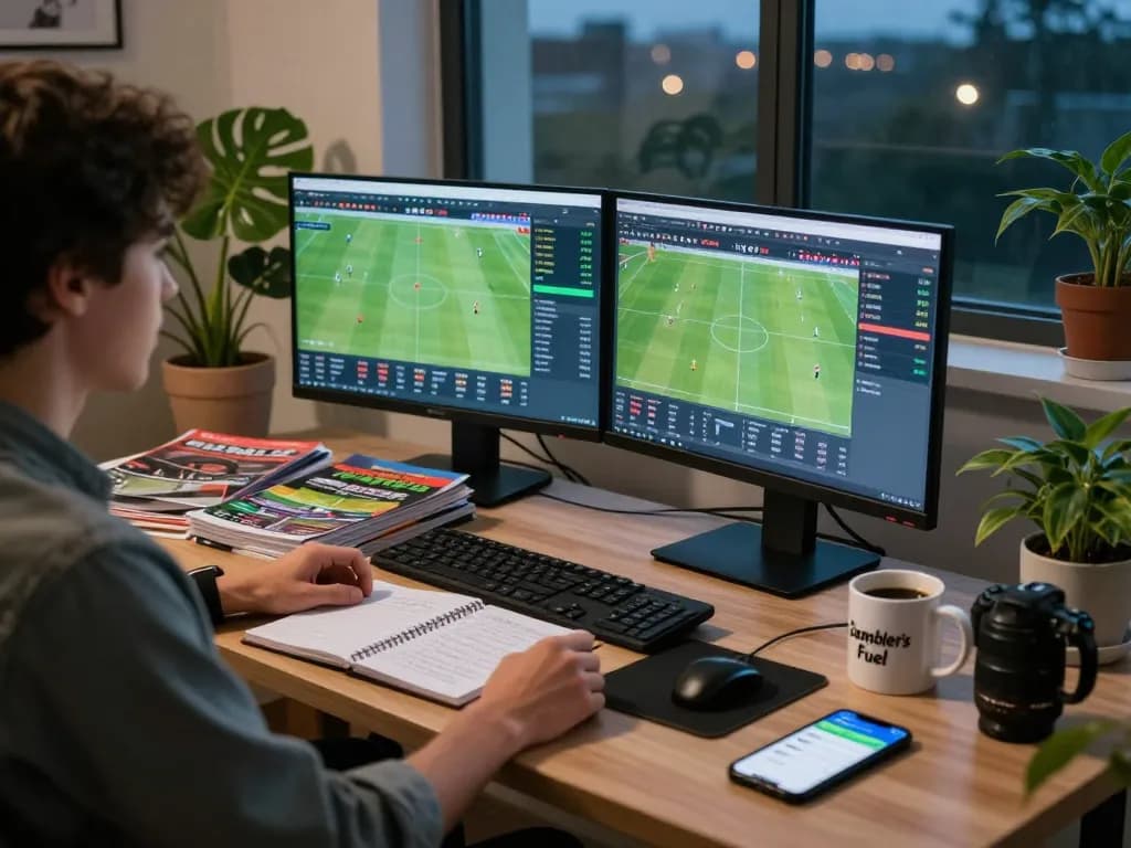 Soi kèo analysis in a modern home office with live football odds and match statistics displayed on multiple screens