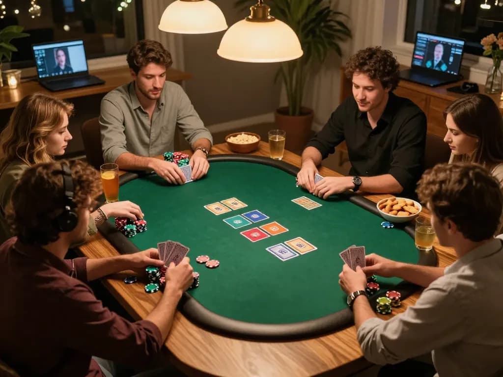 Players engaging in a strategic poker game at home, showcasing tg88's friendly competition atmosphere.