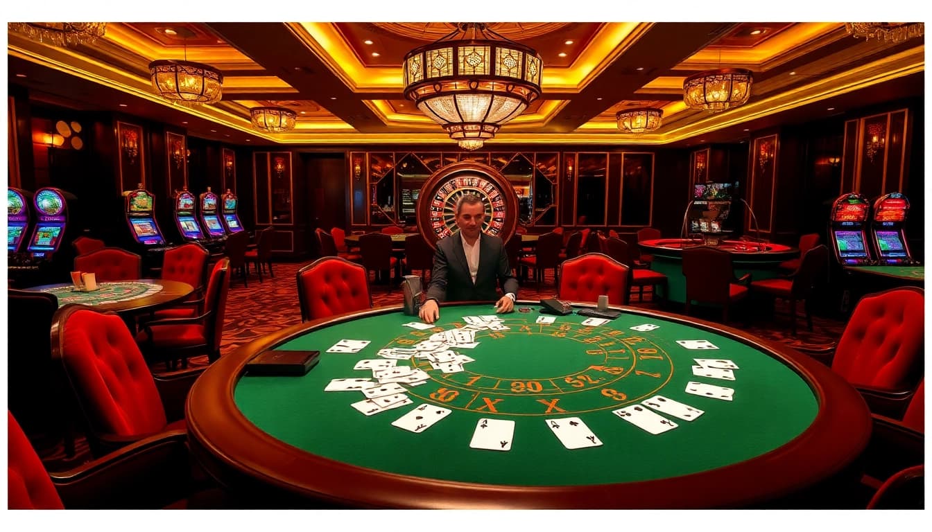 Exciting casino scene featuring gameplay at xx88, with elegant tables and vibrant slot machines.