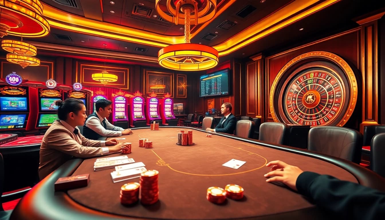 Situs11 gaming scene with players engaging at a luxurious poker table in a high-end casino.