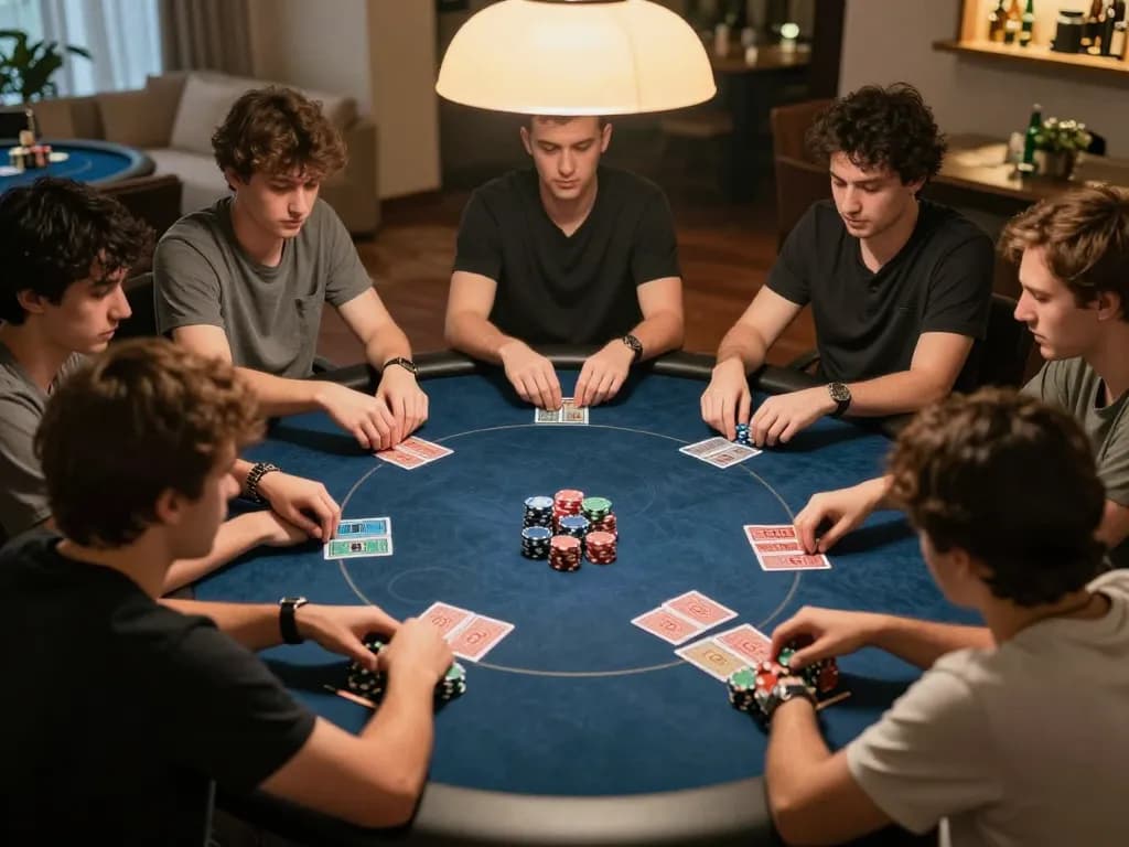 VA88 players strategizing during an engaging home poker night, showcasing chips and cards.