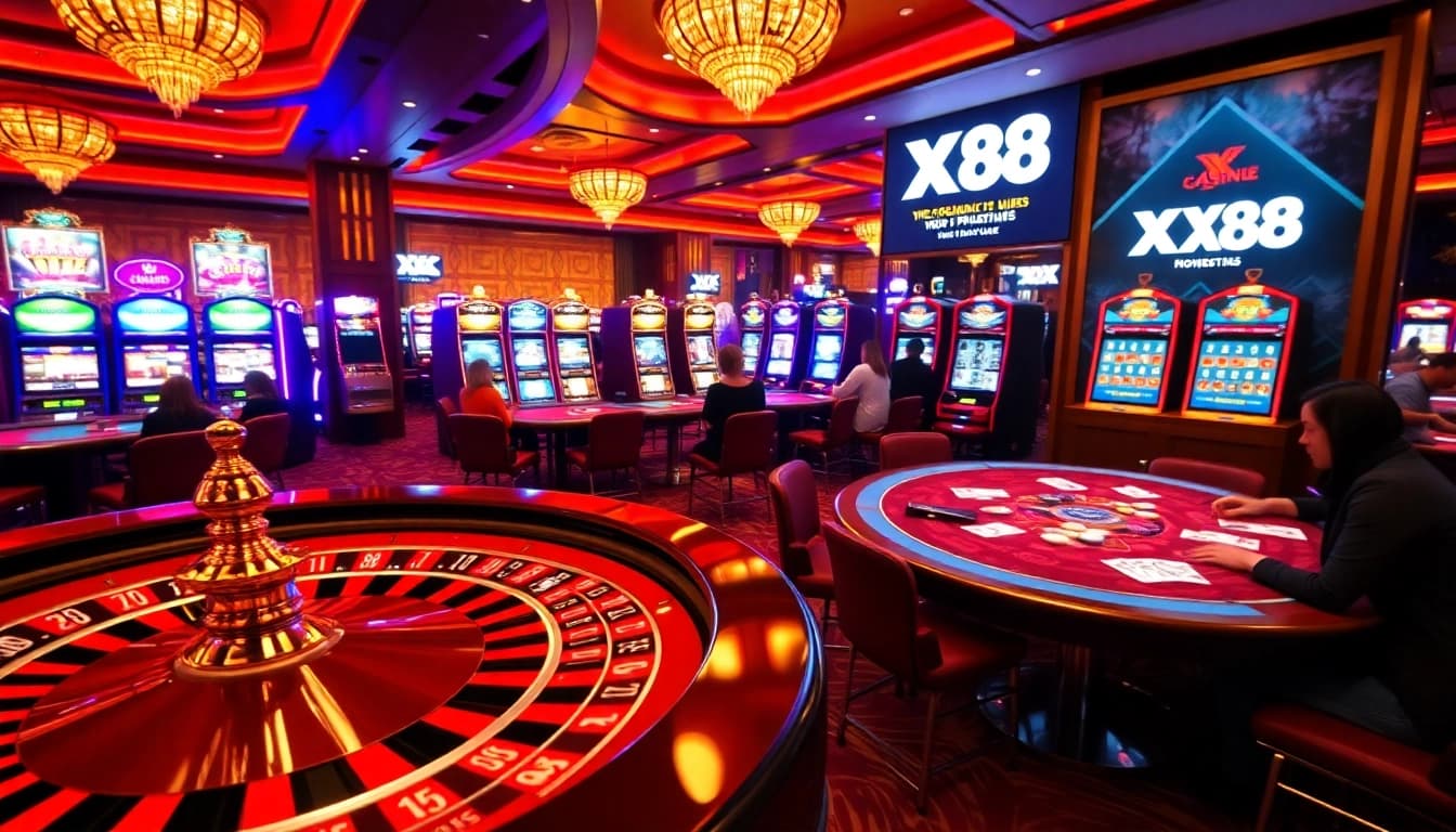 Experience the thrill of gambling at XX88 with vibrant poker tables and glowing slot machines.