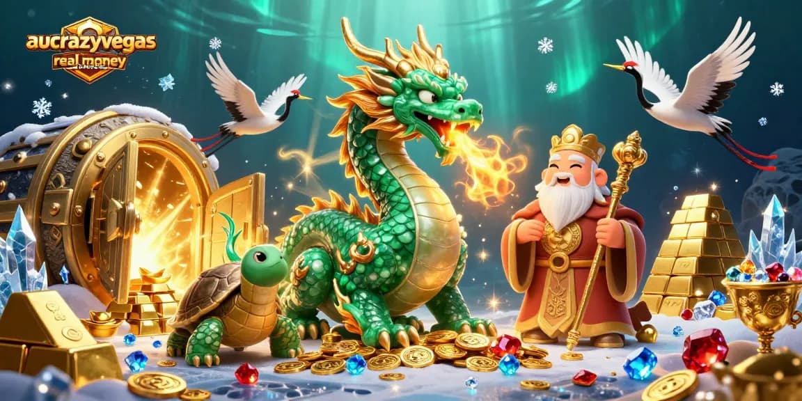 Experience the fantasy of aucrazyvegas real money casinos with a vibrant scene of a jade dragon and treasures, symbolizing winning possibilities.