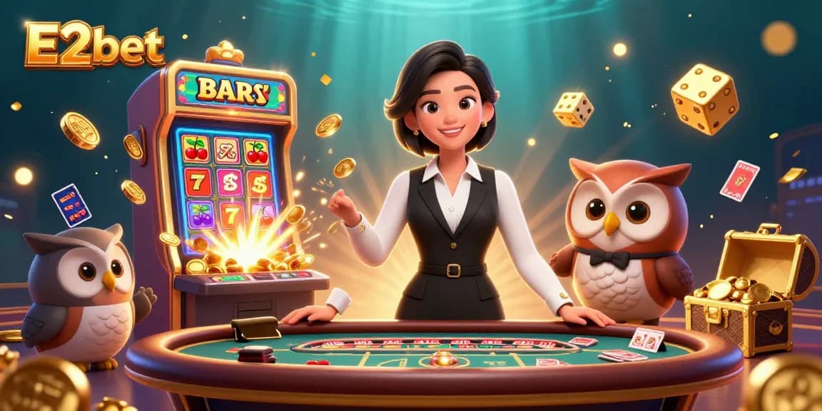 Experience the excitement of E2bet with a vibrant casino scene, including dealers and game symbols.