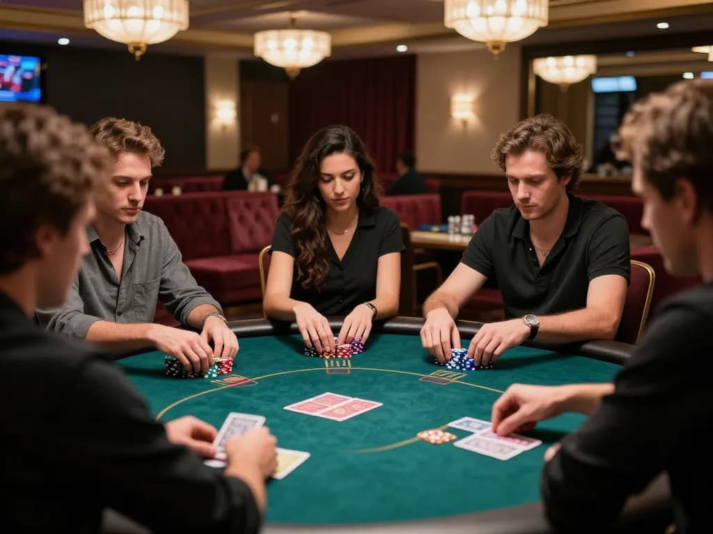 Players engage in strategic poker gameplay at HD88's luxurious VIP table in an upscale casino atmosphere.