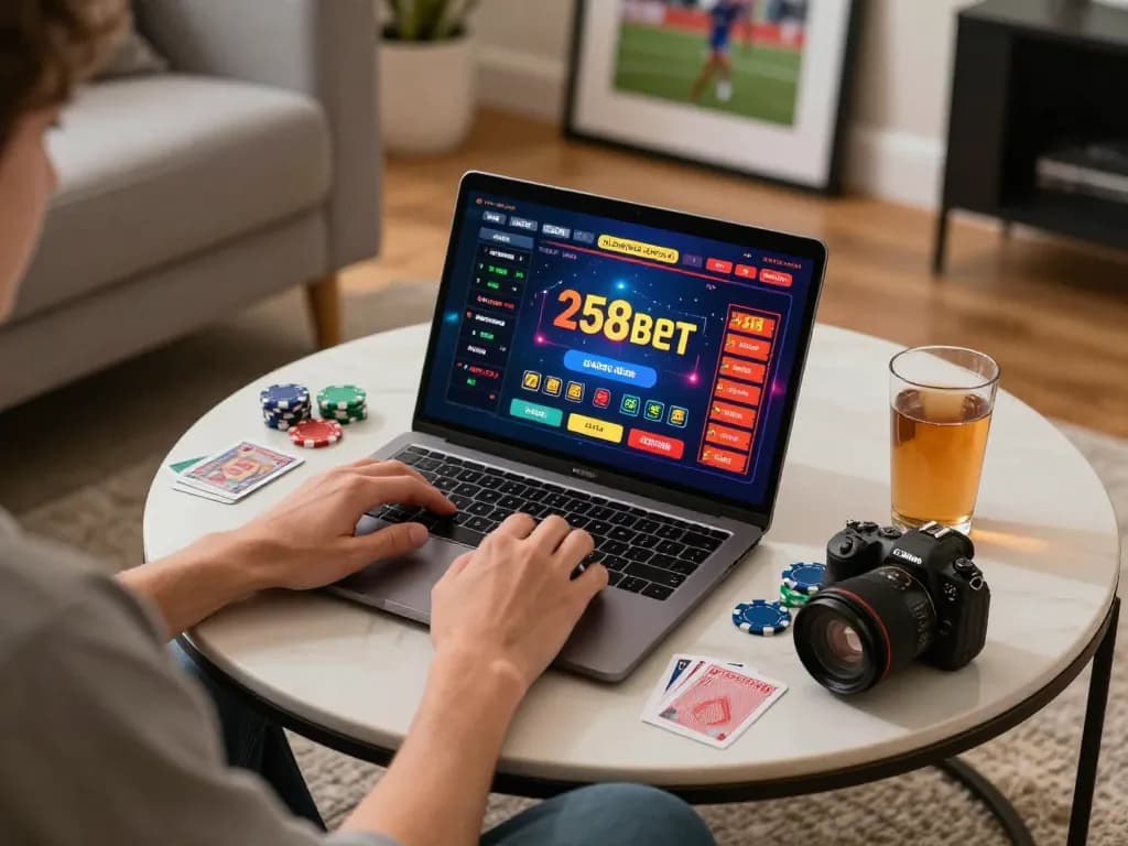 Playing thrilling games at 258bet online casino on a laptop in a cozy living room.