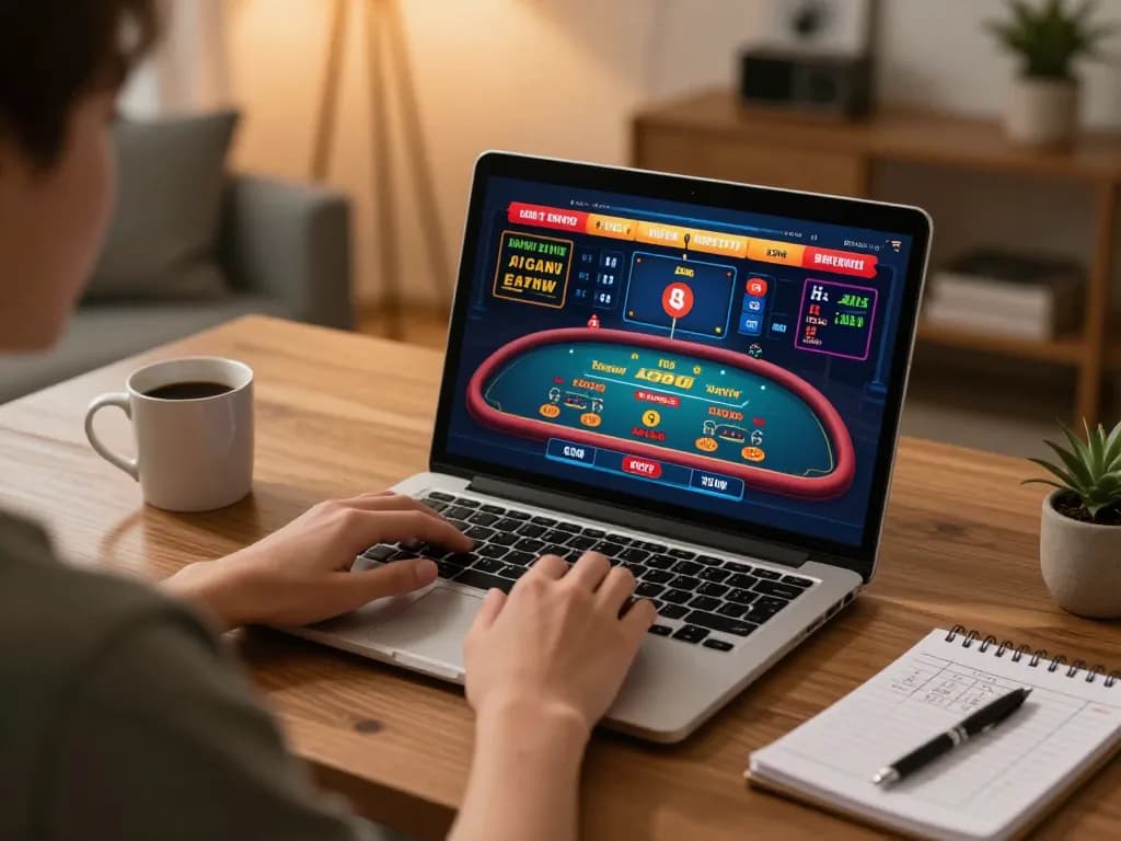JUN88 player engaging in live casino gameplay on laptop, showcasing online gambling excitement.