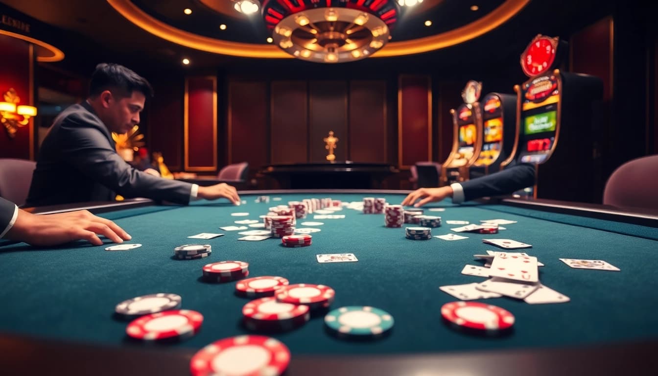Experience the excitement of game bài đổi thưởng at a luxurious casino with poker chips and bright lights.