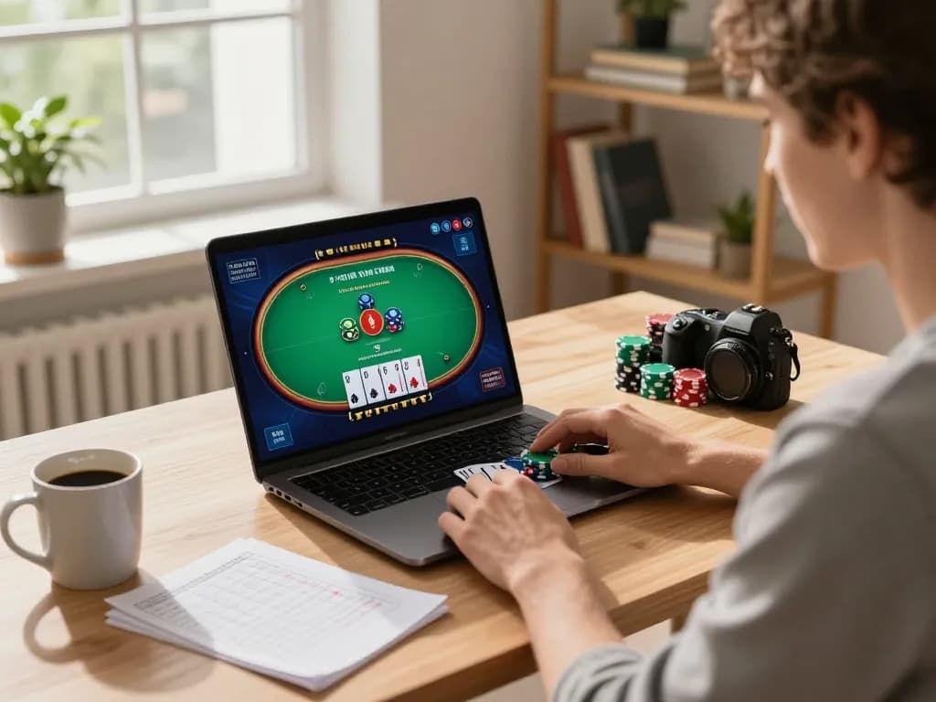Engaging in online poker strategy at home with hitclub laptop screen showing gameplay.