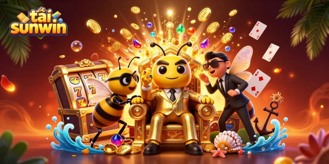 Engage with tải sunwin's vibrant casino experience amidst gold coins, flourishing slot machines, and a bumblebee mob boss scene.