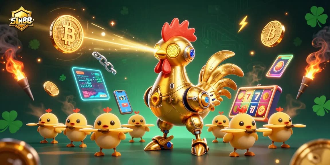 SIN88's exciting casino adventure with a vibrant golden rooster robot and crypto elements