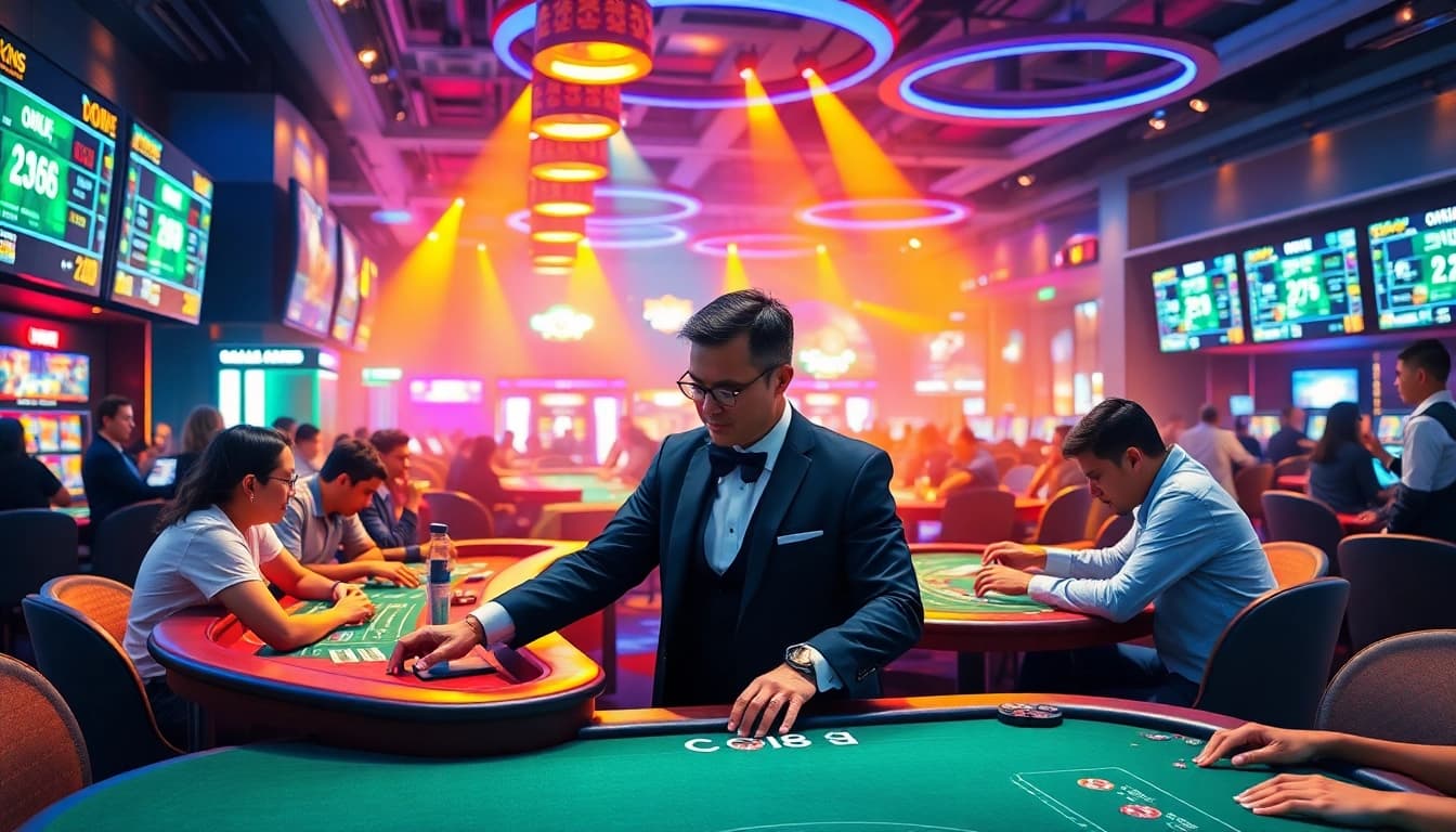 Co88 casino environment with players at a vibrant gaming table, showcasing excitement and modern technology.