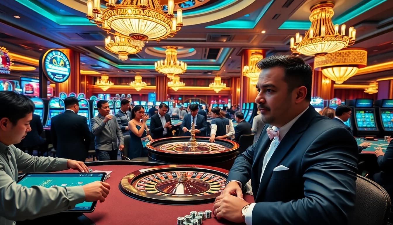 Players enjoying an exciting game at NK88's luxurious casino tables with vibrant excitement.