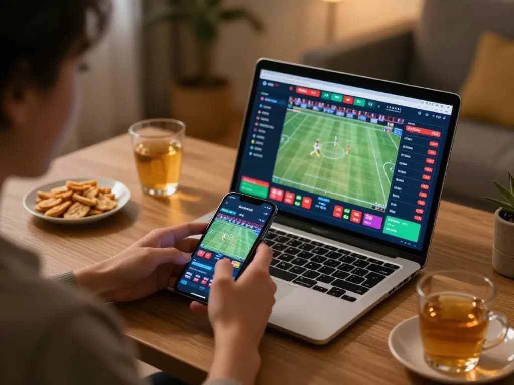 Engaging in online betting at nhà cái SIN88 on a smartphone in a cozy room setting.
