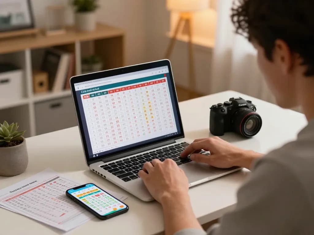 Cách soi cầu chuẩn with a player analyzing lottery results on a laptop in a cozy home office.