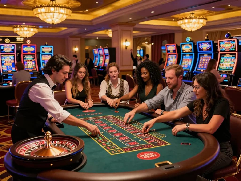 Exciting HIT CLUB scene with friends celebrating around a roulette table in an upscale casino atmosphere.