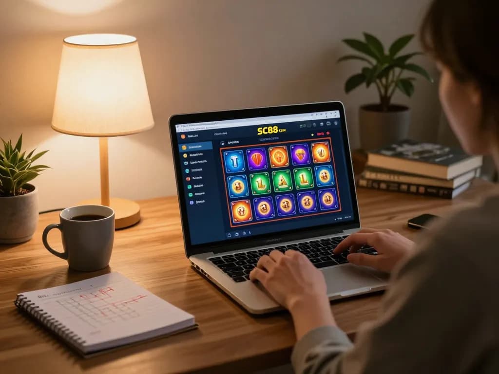 Person playing on SC88 Com online casino in a cozy home setting, showcasing smart betting strategies.