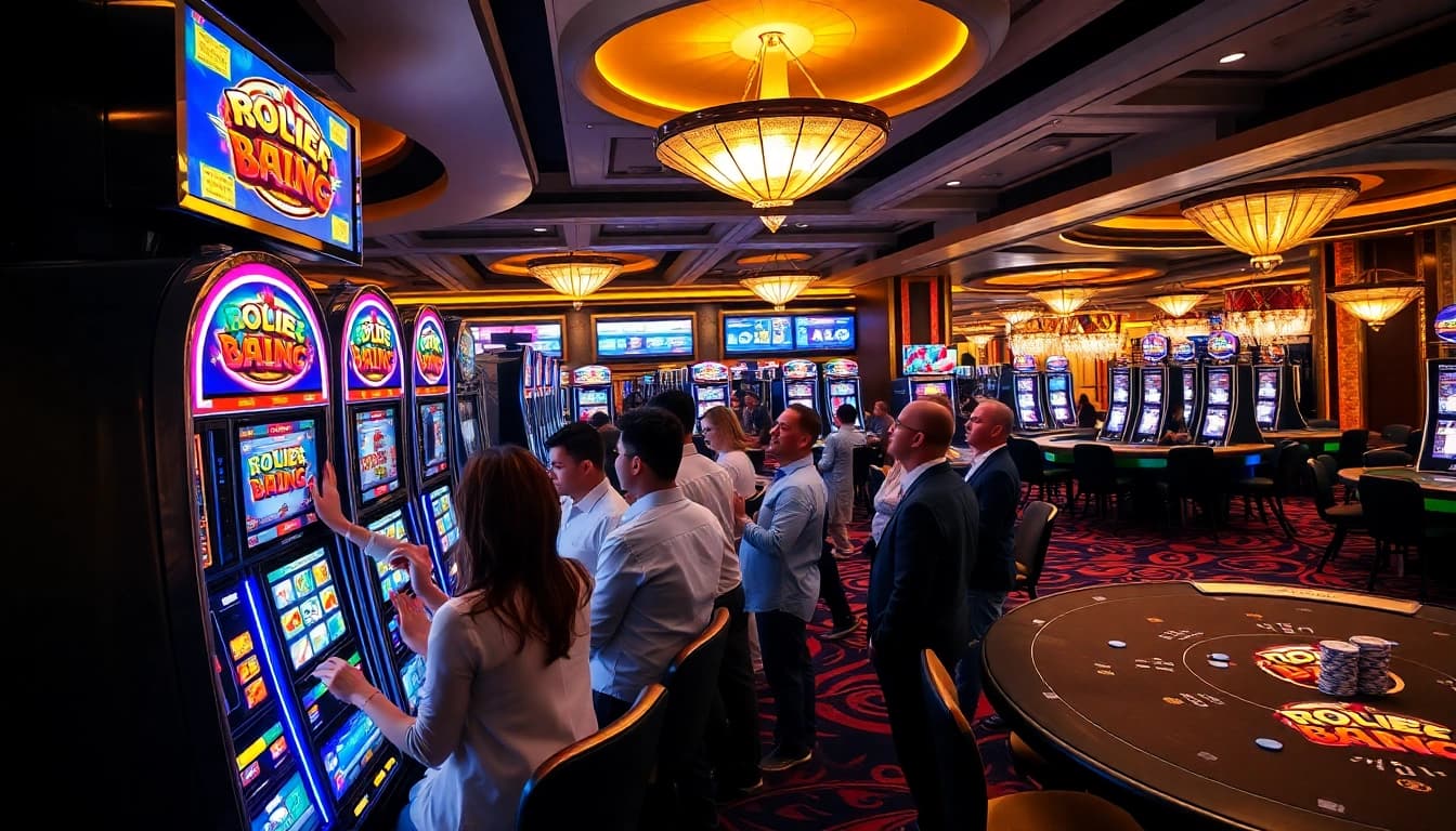 Players engaging with slot machines in a vibrant casino atmosphere.