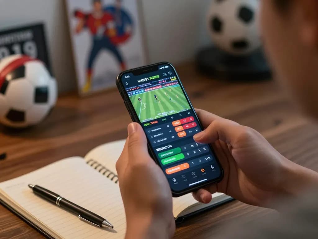 Person engaging in live sports betting on the Jogoluck app in a cozy home environment.