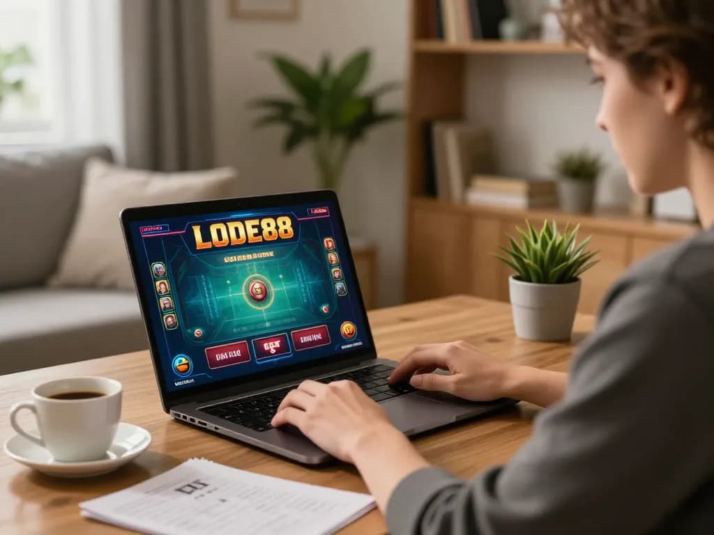 Player enjoying LODE88 online casino game on laptop at home, highlighting strategic engagement.