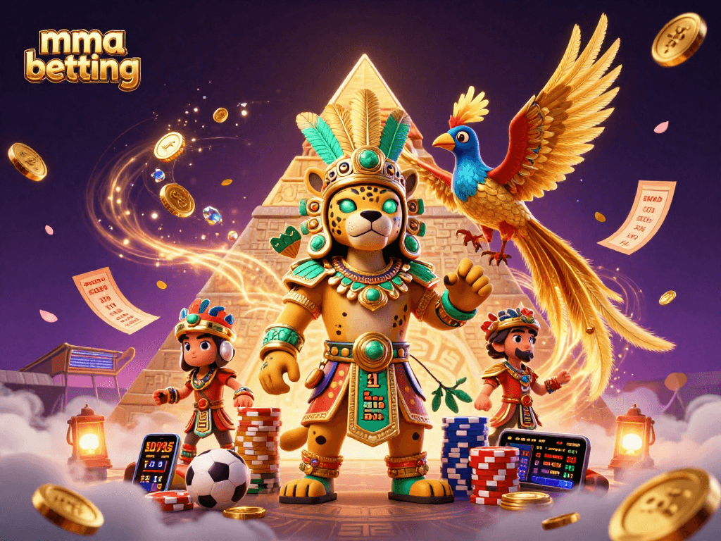 MMA betting scene with a Mayan jaguar priest, dynamic sports elements, and vibrant casino energy