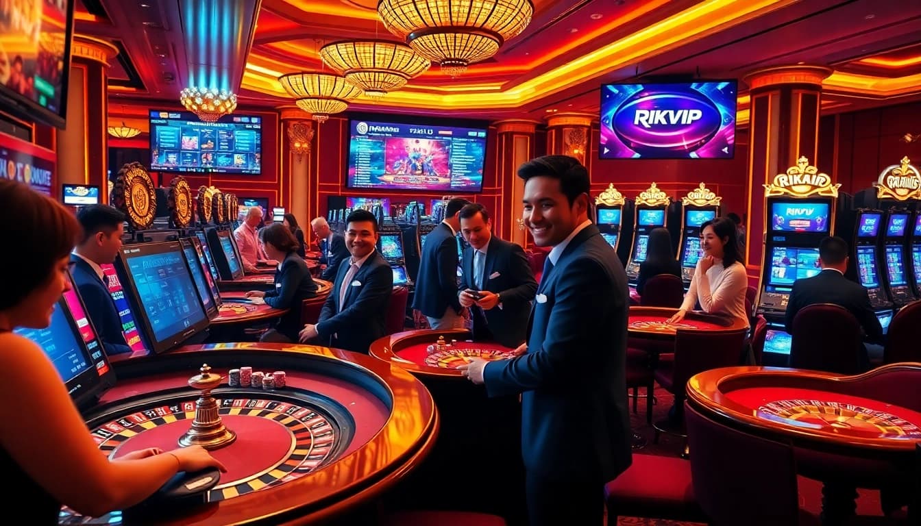 Rikvip players excitedly engaging with casino tables and slot machines in a vibrant setting.